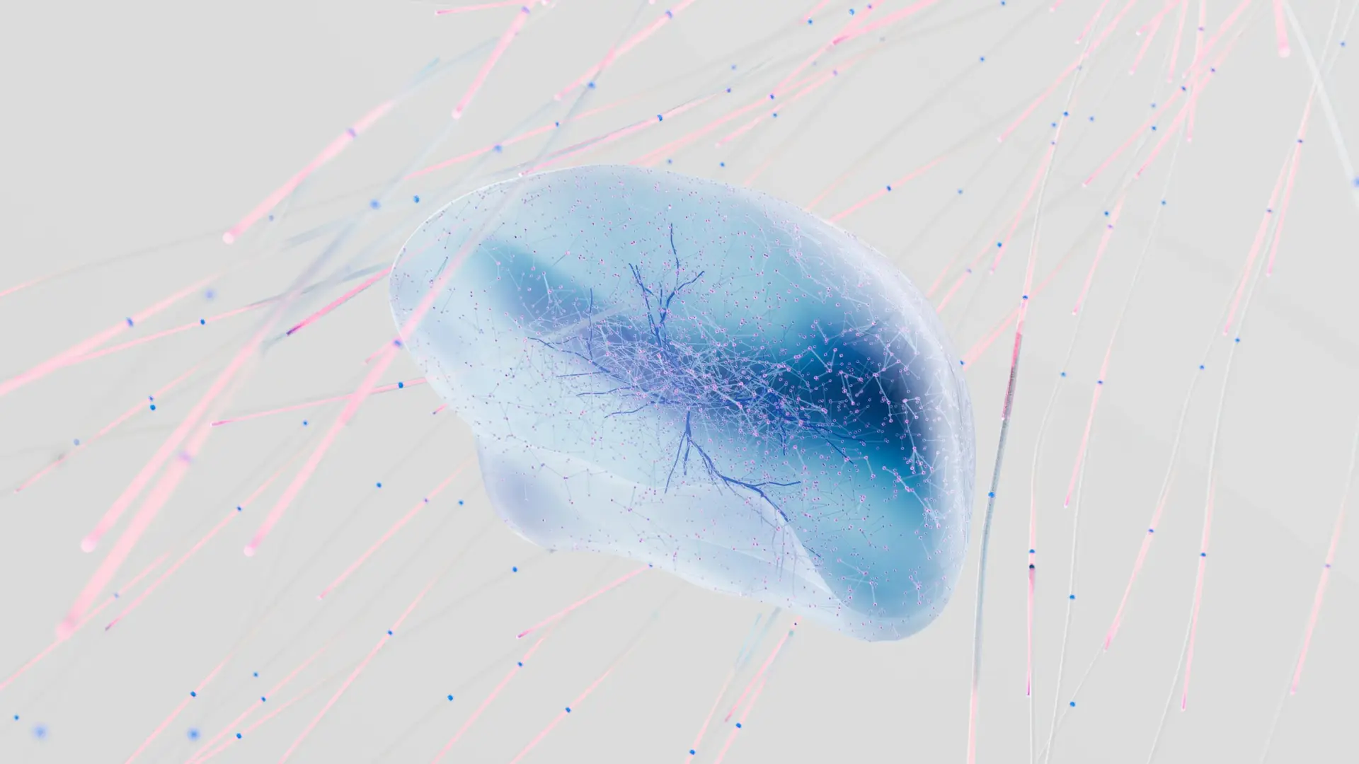 A 3D rendering of a neural network with abstract neuron connections in soft colors.